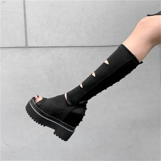 Newest Thick Sole Thigh High Breathable Pierced Ladies Sandals Slip On Wedge High Heels Women Boots For Spring