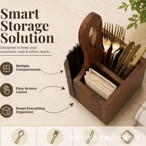 Caja de almacenamiento compartimentada de madera para cuchillos, tenedores y palillos con asas para encimera de cocina. - Product Image 2