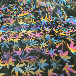 Cây Gai Dầu Thoáng Khí Lá Mô Hình In Ấn Cầu Vồng Phản Xạ Màu Đen <span class=keywords><strong>Polyester</strong></span> Vải Phản Quang Phong Cách Hiệu Suất Trang Phục Vải Dệt - Product Image 1