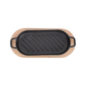 Plateau à steak en fonte Poêle en fonte pré-assaisonnée Poêle à fajita avec base en bois - Product Image 1