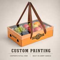 Panier-cadeau en carton ondulé avec poignée de transport et fenêtre transparente, en papier rigide, pour l'emballage de fruits et légumes frais