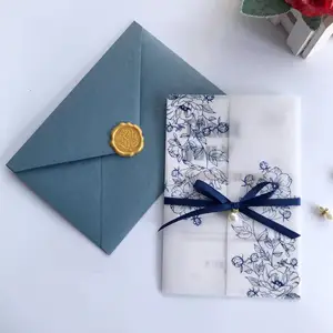 Impresión de color de agua diseño personalizado Tarjeta de fiesta floral invitación de boda con sobres de vitela y sello de cera