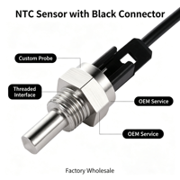Capteur de température NTC avec sonde en acier inoxydable, interface filetée, connecteur noir, fabrication OEM personnalisée, vente en gros