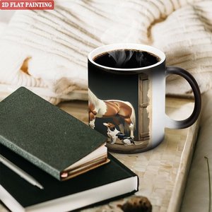 Frosted Black 11oz <b>Ceramic</b> <b>Mug</b> Heat Sensitive Cup With Horse And Dog Art Design 2D Flat Painting - Product Image 3
