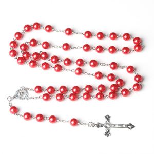 Collar de Rosario con Cruz Católica, Perlas de Imitación de 8MM, Regalos Cristianos de Pascua, Joyería de Oración para Iglesia, Venta al Por Mayor - Product Image 4