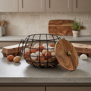 Panier de rangement rond en métal rustique avec couvercle pour cuisine, conteneur alimentaire, design en fer soudé, capacité 20-35L - Product Image 5