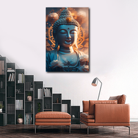 Tableau mural sur toile Statue Bouddha Zen, Peinture Bouddha bleu et or avec fleurs de lotus pour la décoration de salle de méditation, yoga, spa, chambre