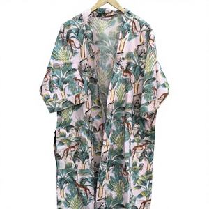 Robe Kimono Longue en Coton Imprimé à Col en V, Faite Main, Légère, pour Demoiselle d'Honneur, Tenue de Plage ou Vêtement de Nuit d'Été - Product Image 1