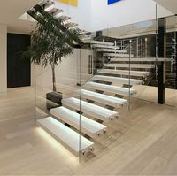 Escalier droit à double poutre avec monte-escalier ouvert, balustrade en verre et marches en bois pour l'intérieur d'une villa