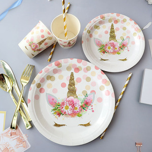 Juego de Platos y Vasos de Papel con Diseño de Unicornio de Puntos Rosas, Vajilla Desechable para Fiestas de Cumpleaños Infantiles - Product Image 1