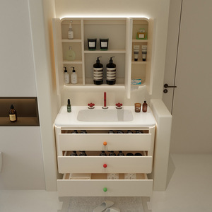 Meuble de salle de bain intelligent avec vasque intégrée sans joint, miroir et armoire, style crème français - Product Image 3