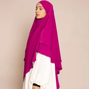 لون سادة 2 طبقات ماليزيا الإسلامية صلاة رمضان عباية جلباب نساء مسلمات حجاب شيفون طويل خمار