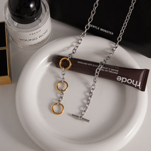 Stainless Steel Two-Tone Y-Shaped Chain <b>Necklace</b> With Gold <b>Ring</b> Pendant Geometric Design For Gift - Product Image 4