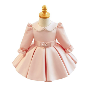 Новое поступление, розовые атласные платья принцессы с длинным рукавом для маленьких девочек, пушистые платья, Детская свадебная одежда для девочек, праздничное платье для выпускного вечера от 1 до 12 лет - Product Image 4