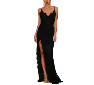 Женское платье на бретельках-спагетти, кружевное платье с открытой спиной и V-образным вырезом, свадебное платье с разрезом, новинка 2021