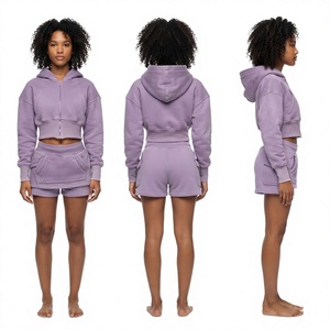 Conjunto Deportivo Casual de 2 Piezas para Mujer, Top Corto con Capucha y Cierre y Pantalones Cortos Lila - Product Image 1