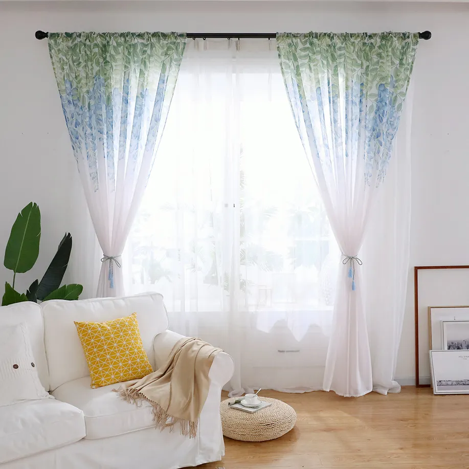 Cheap Custom Size Green Blue Floral Printed Living Room Sheer Voile Window Curtains Tulle With Floral Print