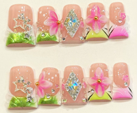 Faux ongles à presser carrés en acrylique faits main, motif floral 3D et fruits d'été, style French, forme cercueil moyenne, pour nail art et salon