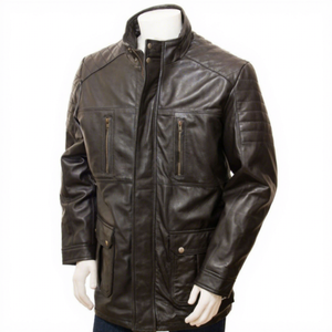 Veste de terrain en cuir véritable noir pour homme, col montant, en cuir de vachette, épaules matelassées, poches cargo zippées, coupe classique, chaude et personnalisable - Product Image 1