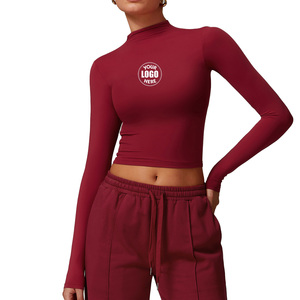T-shirt court à col montant pour femme, imprimé personnalisé, 78% polyamide 22% élasthanne, pour yoga, gym, sport, manches longues, coupe ajustée - Product Image 1