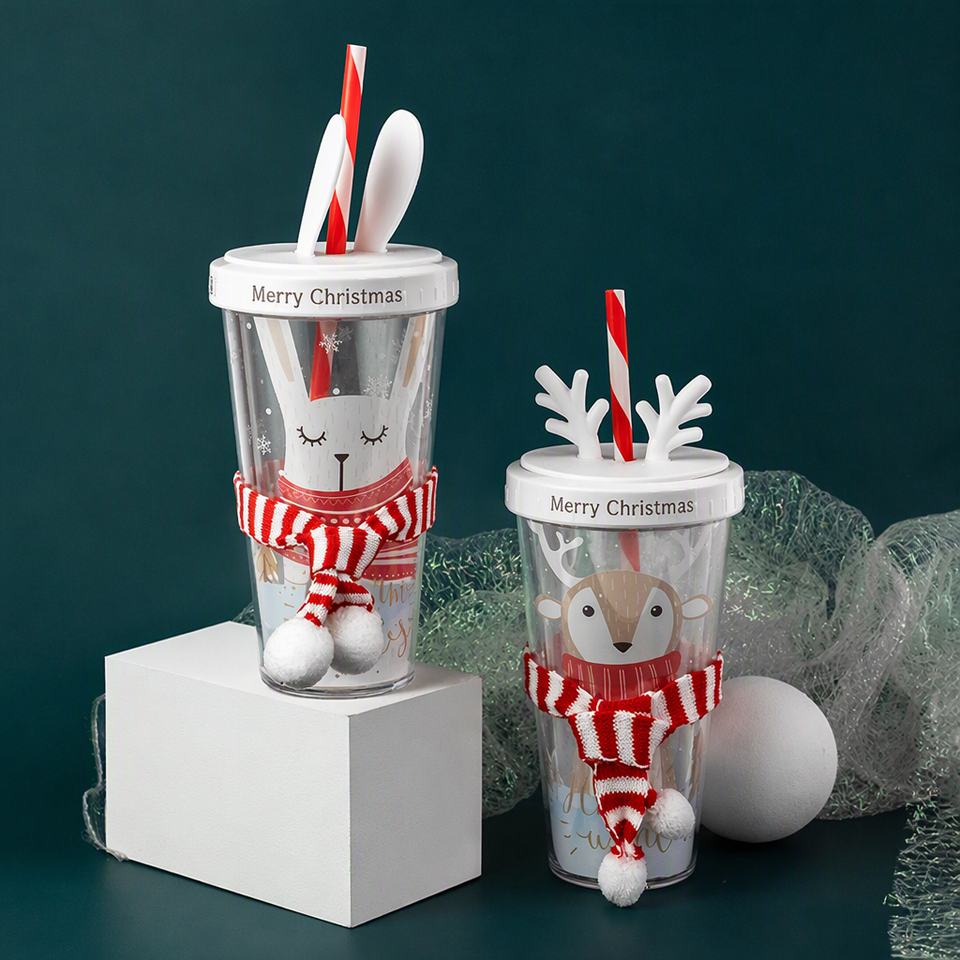 Layer Analysis Christmas Plastic Tumbler Double-Layer Straw Cup Cartoon Antler Design ...