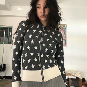 Sudadera con capucha y cremallera para mujer, estilo americano, con estampado de estrellas y bloques de color, diseño de patchwork, corte ajustado, manga larga, informal - Product Image 4