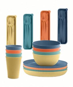 Ensemble de vaisselle en paille de blé avec logo personnalisé, boîte cadeau, 28 pièces, bol, assiette et tasse - Product Image 1