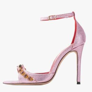 Sandalias de tacón de aguja para mujer, talla grande 45, ajuste ancho, con decoración metálica, correa al tobillo, tacones altos y delgados, zapatos de fiesta con diamantes - Product Image 3