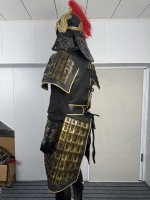 Ensemble d'armure de général chinois antique, costume de guerrier noir et or, casque de bête dorée, reconstitution historique, performance scénique