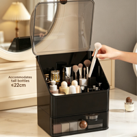 Boîte de rangement anti-poussière empilable pour maquillage avec couvercle transparent à clapet et bouton aspect bois pour rangement de produits de beauté sur coiffeuse ou bureau