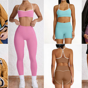 ชุดออกกำลังกายผู้หญิง กางเกงขาสั้นโยคะสีชมพูและเสื้อครอปท็อปแบบมีฟองน้ำในตัว เอวยางยืดระบายอากาศ เอวสูง สีพื้น - Product Image 3