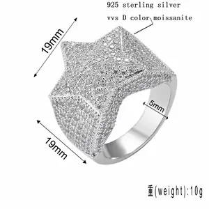 Hip Hop Ring Shining Bling 925 Sterling Silver 14K 18K Gold Plated Iced Out Jewelry VVS Moissanite Diamond Star Pinky Rings
