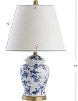 Lampe de table LED 22 pouces, bleu et blanc, style chinoiserie, en céramique et métal, abat-jour en lin traditionnel français, finition laiton doré
