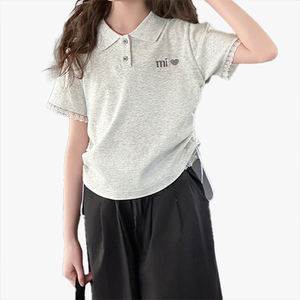 Camiseta Polo de Manga Corta para Niñas, Colección Verano 2026, Top Corto con Ribete de Encaje para Niñas Mayores, Ajuste Delgado, Manga Media, Estilo Casual - Product Image 1