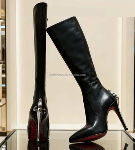 Bottes hautes en cuir noir à talon aiguille pour femme, bout pointu, avec fermeture éclair latérale, détails de couteau, en cuir véritable de luxe avec étiquettes - Product Image 3