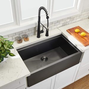 Évier de cuisine à <span class=keywords><strong>bride</strong></span> droite à bol unique en PVD noir NANO fait à la main en acier inoxydable style tablier - Product Image 5