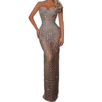 Robe de soirée moulante sexy dos nu longue en tissu résille brodé de pierres, style européen et américain, tendance transfrontalière
