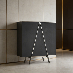 Mobile da Ingresso in Acciaio Inossidabile Grigio-Titanio dal Design Geometrico Minimalista, Credenza con Top in <span class=keywords><strong>Marmo</strong></span> e Impiallacciatura in Legno Affumicato - Product Image 1