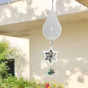 Large Water Drop Shaped Stainless Steel Rotating Wind Chimes Flower Shaped Crystal Pendant Balcony Decoration