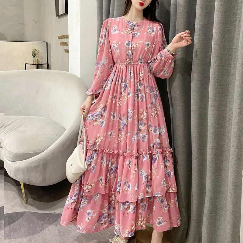 Roupas femininas Por Atacado Floral Longo-Vestido de Mangas