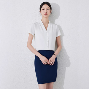 White Chiffon Short Sleeve Blouse For Women Solid Color V Neck Button Front Workwear Professional Shirt Summer 2024 - Product Image 4