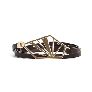 Cinturón de cuero para <span class=keywords><strong>mujer</strong></span> con hebilla de metal geométrica en forma de abanico Correa de cintura minimalista de moda para traje de vestir - Product Image 2