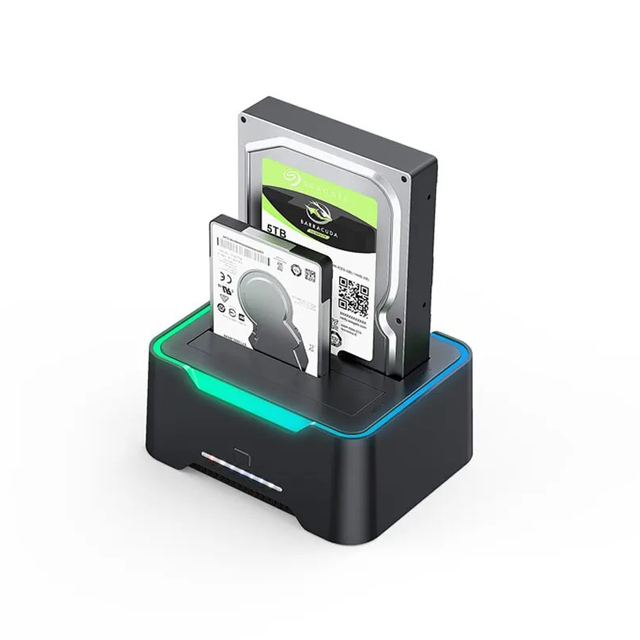 USB 3.0 SATA Dual Bay RGB Lamp Effect Hard Disk Docking Station 2.5/3.5 Inch Plastic Hard Drive Enclosure Offline Clone HDD SSD