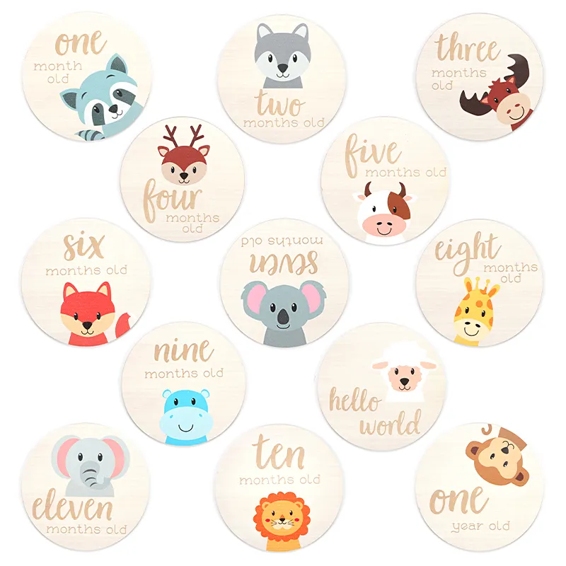 Animal Hello World Milestone Cards Poplar Plywood Baby Birth Monthly Sets Wooden Cards Milestone Discs Hello World Baby