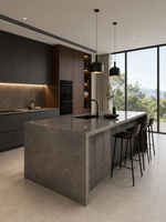 Dalle de marbre naturel gris foncé poli, table basse moderne intérieure/extérieure, îlot de cuisine, comptoir, salon de villa
