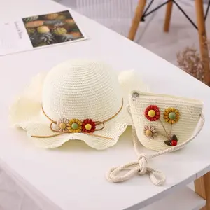 Sombrero de cubo y bolso de mano para el sol para niñas y niños, bolso de playa con flores, bolso de mano, bolsos de paja para bebés