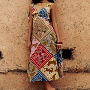 Robe midi bohème pour femmes, patchwork coloré, imprimé léopard floral, col en V, sans manches, fluide, décontractée, vacances d'été - Product Image 4