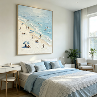 Tableau mural encadré style impasto, motif ciel bleu ensoleillé et plage de surf, décoration thème littoral pour famille, complexe hôtelier, club de plage, villa de location