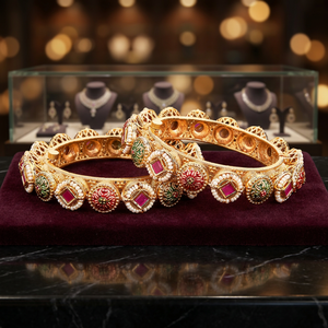 Latest Online Handmade Antique Meenakari <b>Bangles</b> 2 Pc Set Women's Crystal & Rhinestone Matte Gold Plated Nickel & Lead Free - Product Image 2