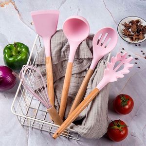 Silicone Kitchenware Set Wooden <b>Handle</b> Non-stick <b>Pan</b> Anti-Slip High Temperature Resistant Special Shovel Spoon Cooking Tools Set - Product Image 5